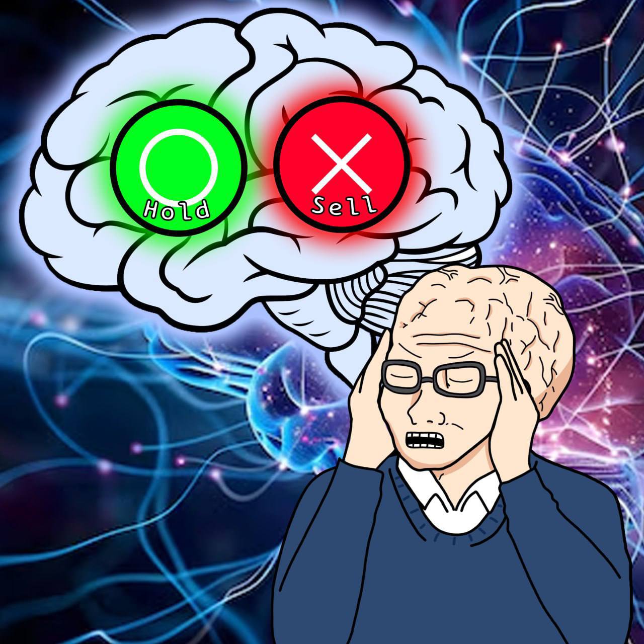 Big Brain Wojak deciding between Hold and Sell